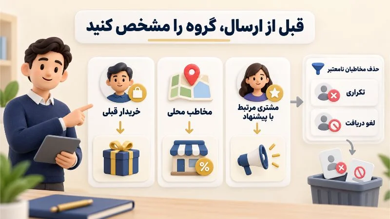 انتخاب گروه مخاطب مرتبط و حذف شماره تکراری و لغو دریافت پیش از کمپین پیامکی